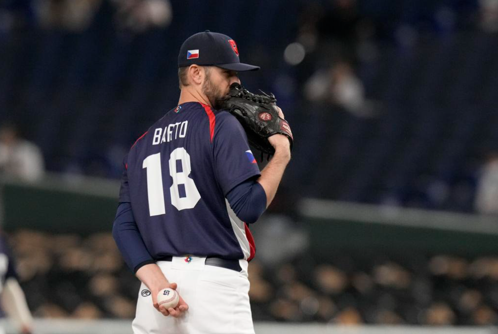 Jeff Barto on the mound for the Czech Republic at the 2023 World Baseball Classic in Tokyo, Japan